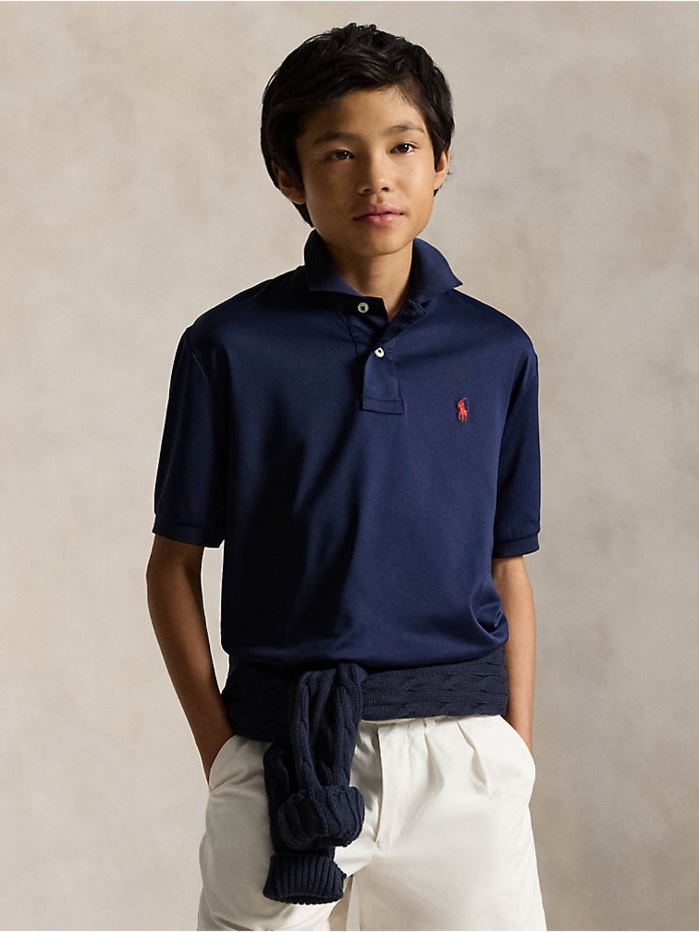 POLO Ralph Lauren Kids Performance Jersey Polo Shirt Navy Size 7 Red Pony